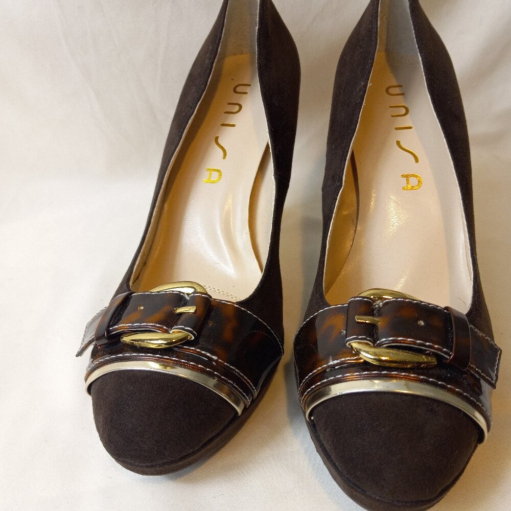 UNISA Brown Suede Heels w/ Tortoise Buckle Detail |